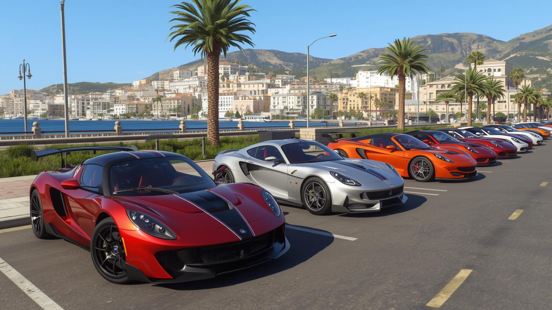 Luxury sports cars lineup along scenic waterfront